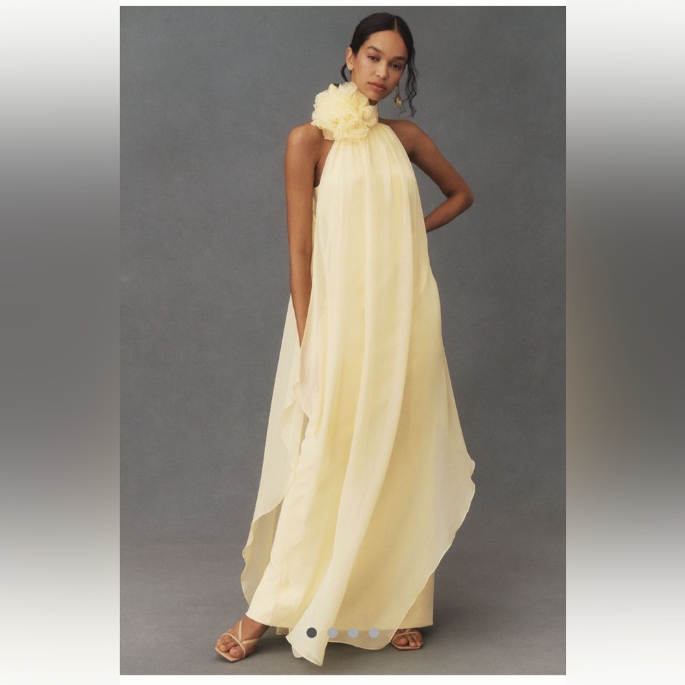Anthropologie Butter Yellow Halston Ginnie Mock-Neck Rosette Gown